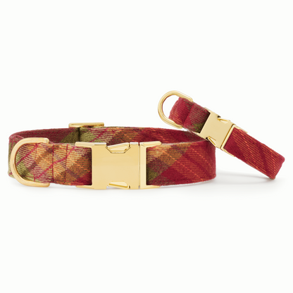 Burgundy & Olive Plaid Flannel Dog Collar with Cotton Exterior