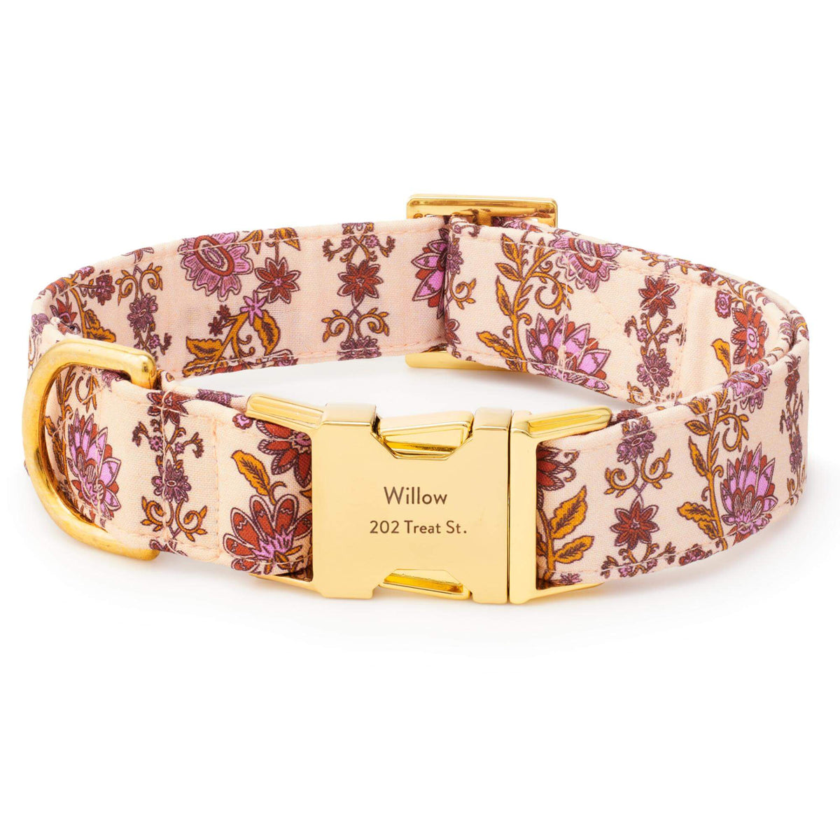 Block Print Floral Dog Collar with Metal Hardware