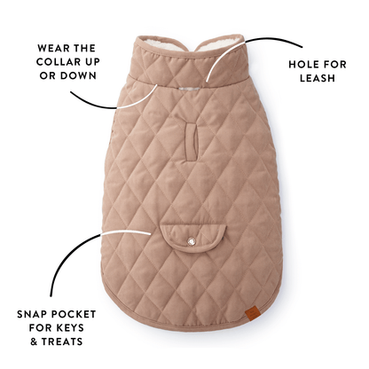 Reversible Sherpa-Lined Quilted Dog Jacket in Tan