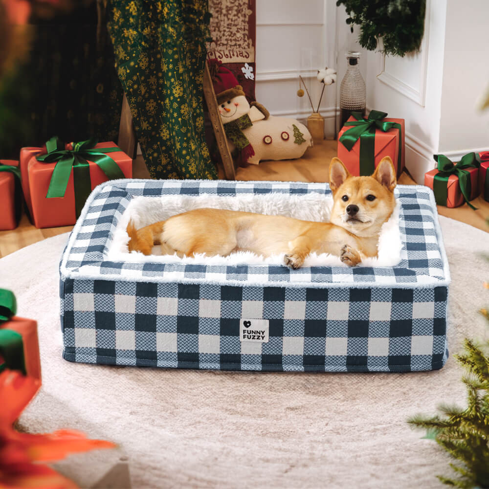 Tartan Calming Dog Bed with Raised Bolsters and Plush Lining