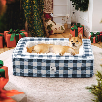 Tartan Calming Dog Bed with Raised Bolsters and Plush Lining