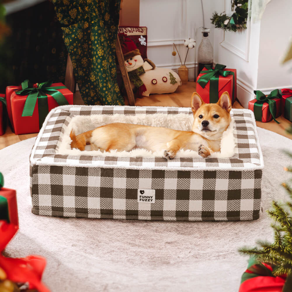 Tartan Calming Dog Bed with Raised Bolsters and Plush Lining