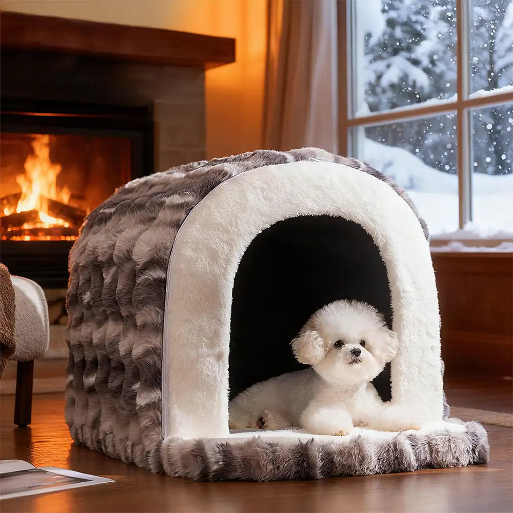 Plush Cave Dog and Cat Bed with Removable Cushion