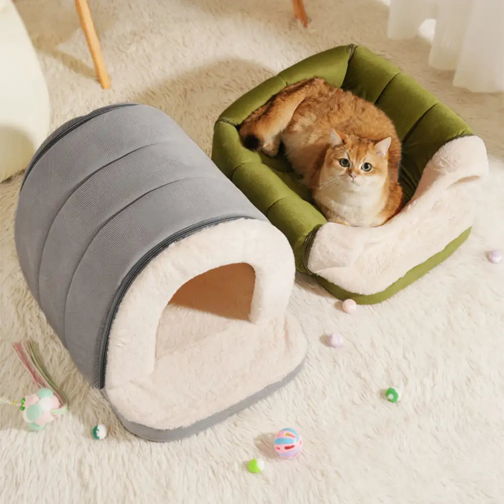 Plush Cave Dog and Cat Bed with Removable Cushion