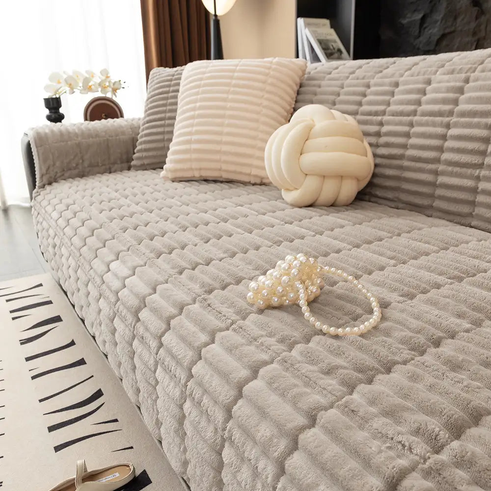 Waterproof One-Piece Flannel Sofa Cover with Quilted Look