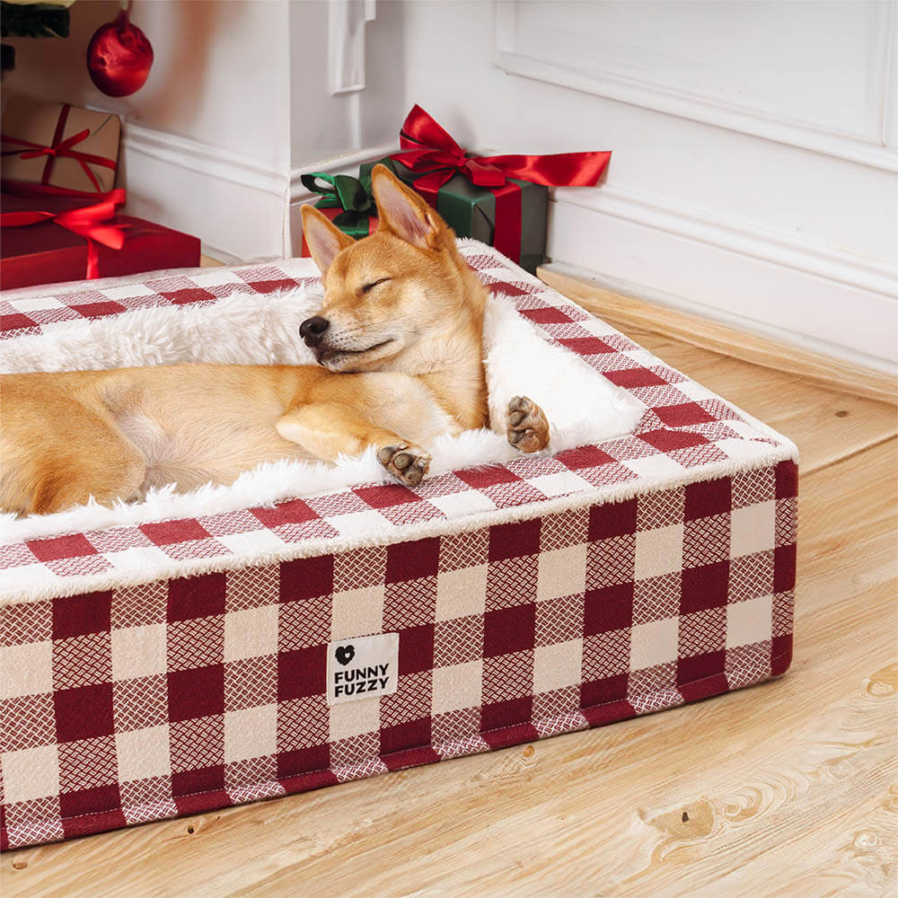 Tartan Calming Dog Bed with Raised Bolsters and Plush Lining