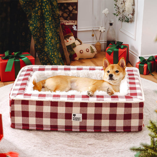 Tartan Calming Dog Bed with Raised Bolsters and Plush Lining