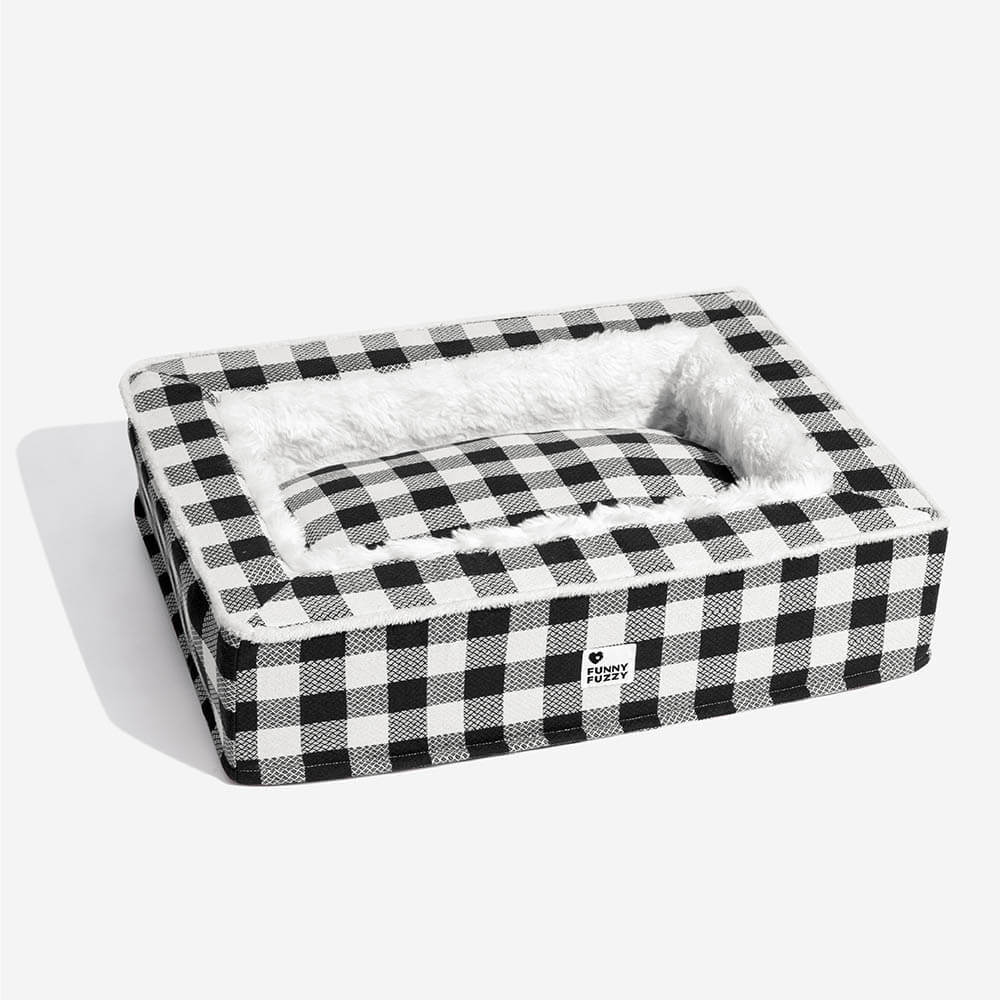 Tartan Calming Dog Bed with Raised Bolsters and Plush Lining