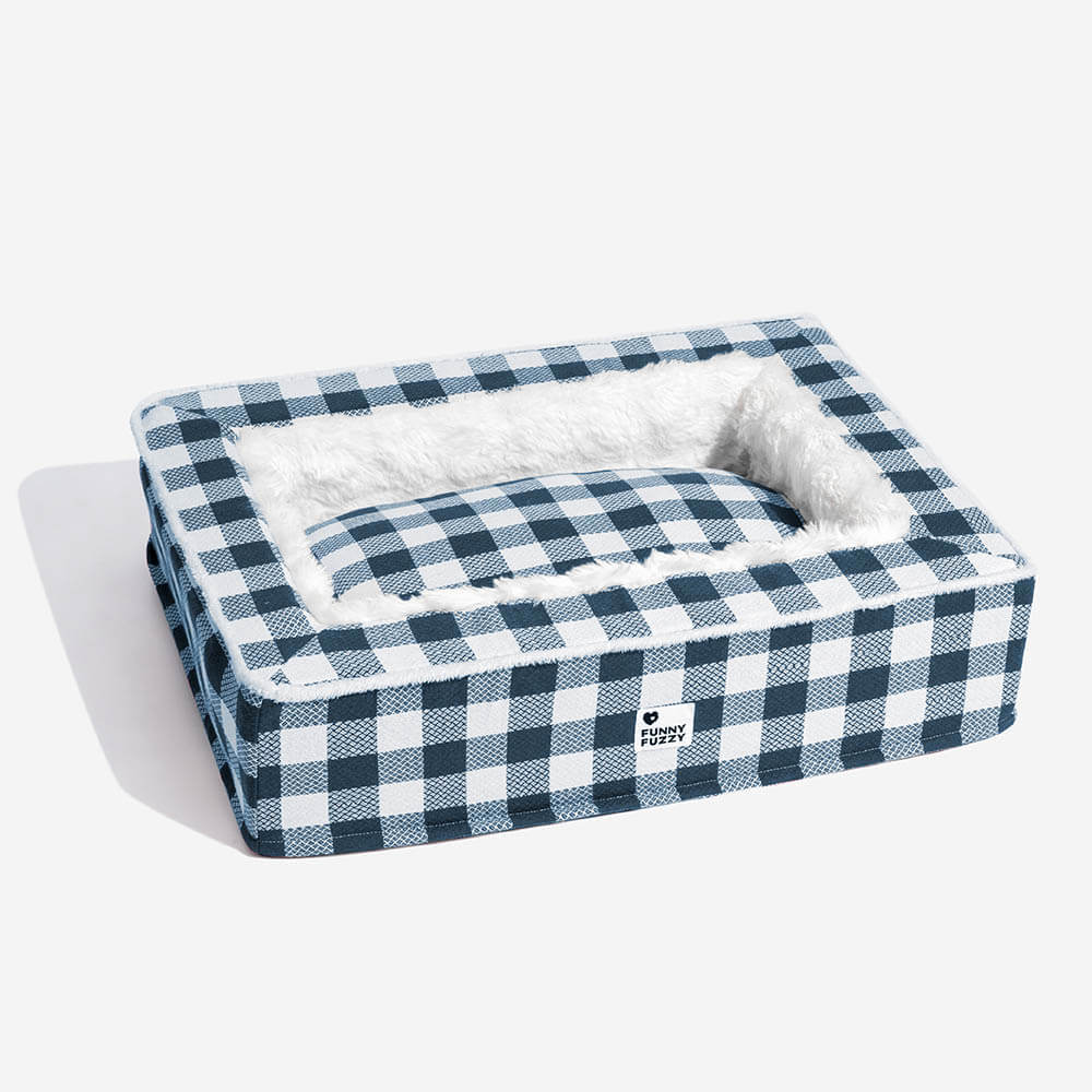Tartan Calming Dog Bed with Raised Bolsters and Plush Lining