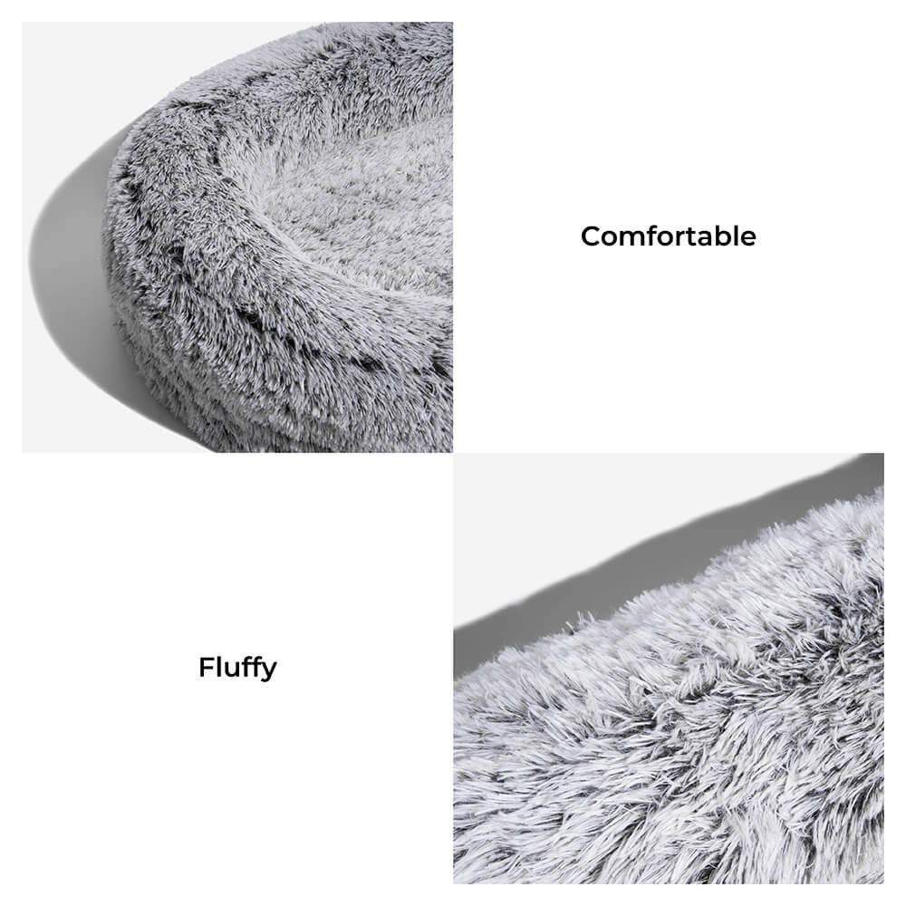 Extra-Large Oval Faux Fur Dog Bed with Throw Blanket, Grey or Brown