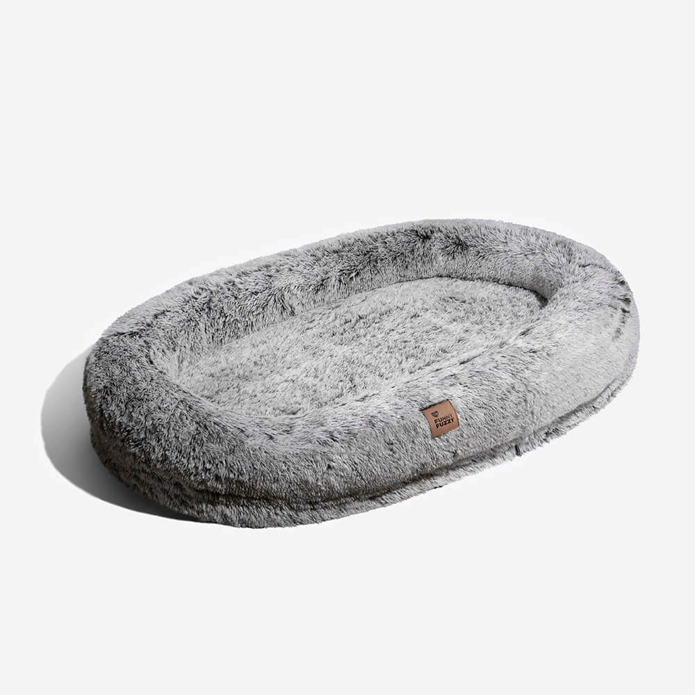 Extra-Large Oval Faux Fur Dog Bed with Throw Blanket, Grey or Brown