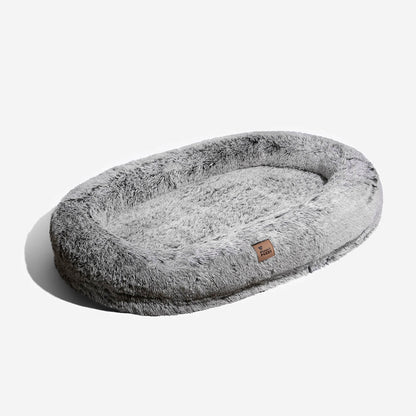 Extra-Large Oval Faux Fur Dog Bed with Throw Blanket, Grey or Brown