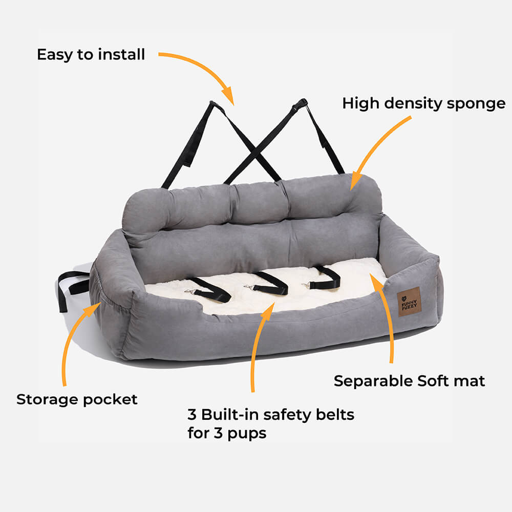 Dog Car Back Seat Bed with Bolsters and Storage Pocket, Medium to Large