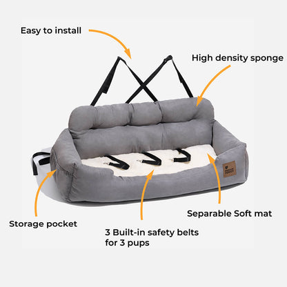 Dog Car Back Seat Bed with Bolsters and Storage Pocket, Medium to Large