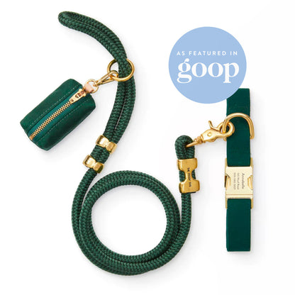 Forest Green Dog Collar, Rope Leash & Waste Bag Holder Set
