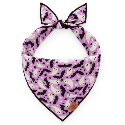 Lilac Ghost & Bat Halloween Reversible Dog Bandana, Triangle Tie
