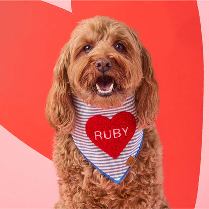 Red Heart Applique Dog Bandana with Blue Stripes and Blue Hem