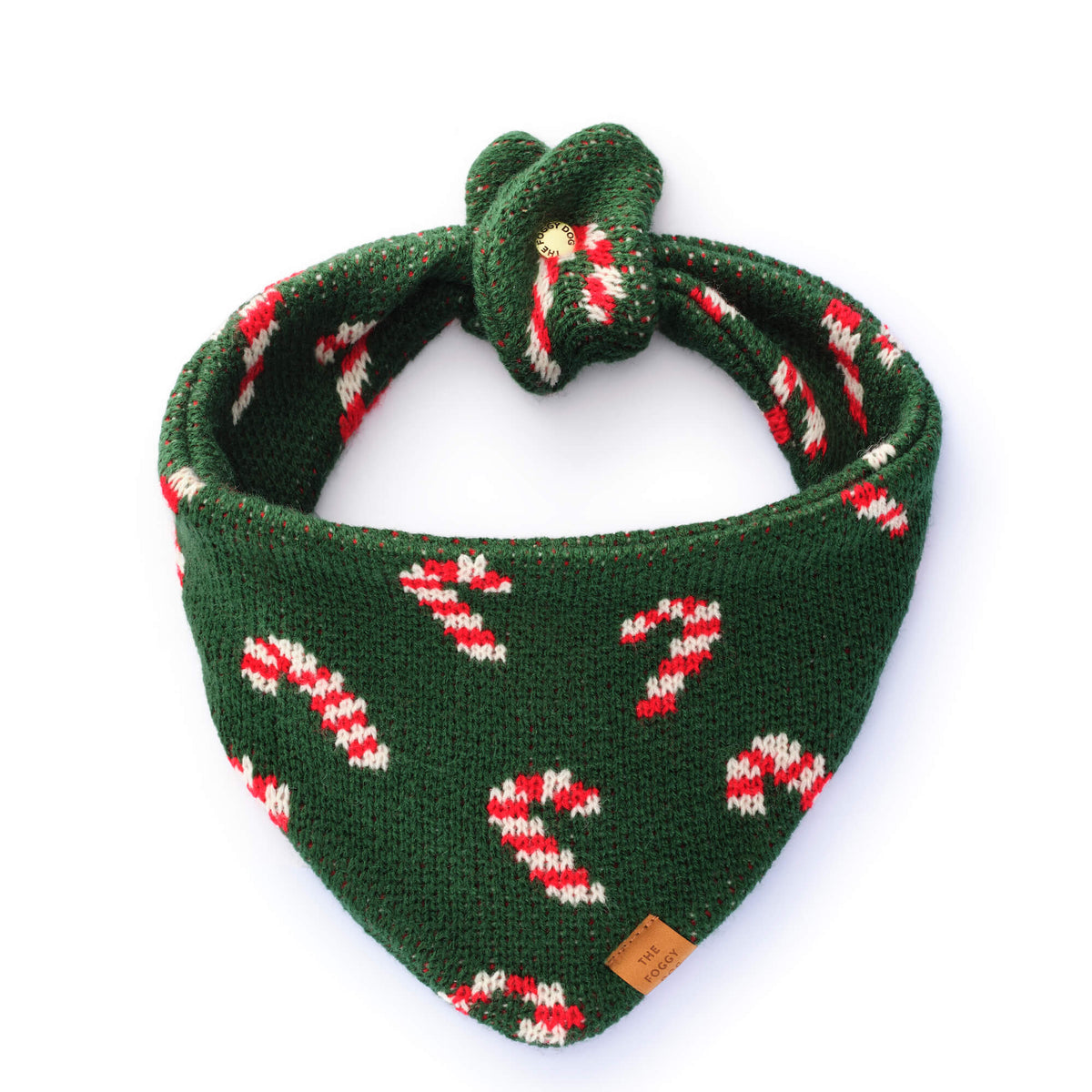 Green Candy Cane Sweater Knit Dog Bandana with Snap Closure