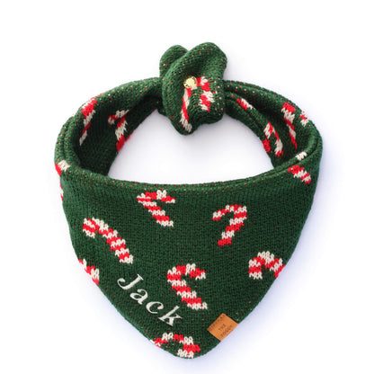 Green Candy Cane Sweater Knit Dog Bandana with Snap Closure