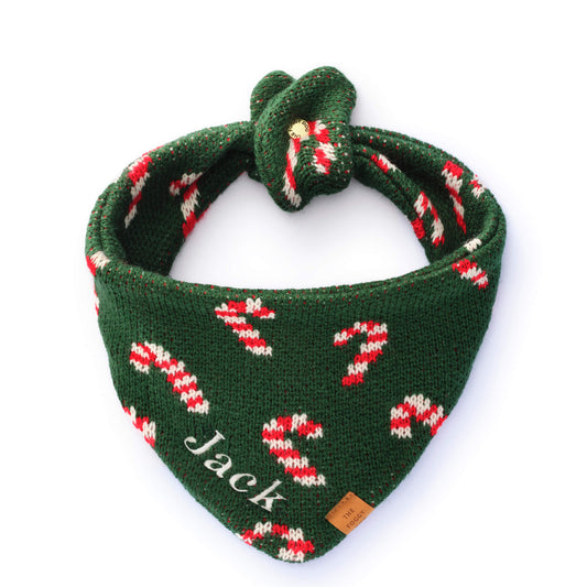 Green Candy Cane Sweater Knit Dog Bandana with Snap Closure