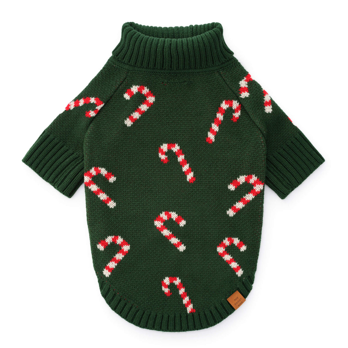 Green Candy Cane Knit Turtleneck Dog Sweater with Leash Hole
