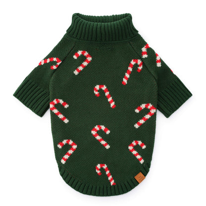 Green Candy Cane Knit Turtleneck Dog Sweater with Leash Hole