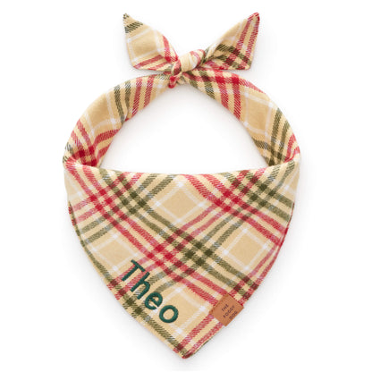 Tan & Red Plaid Cotton Flannel Dog Bandana with Vegan Leather Tag