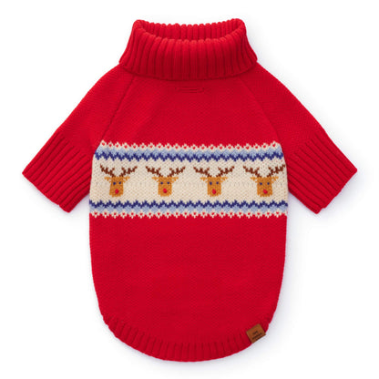 Red Reindeer Fair Isle Knit Dog Sweater, Turtleneck Pullover