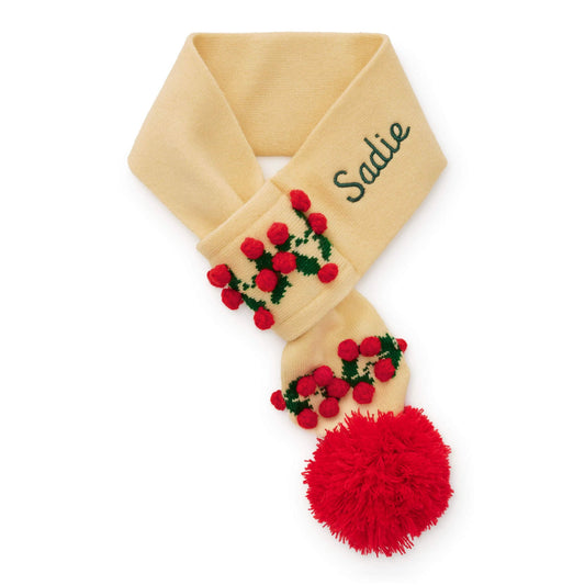 Cream Holly Bobble Knit Pull-Through Dog Scarf with Vegan Leather Tag