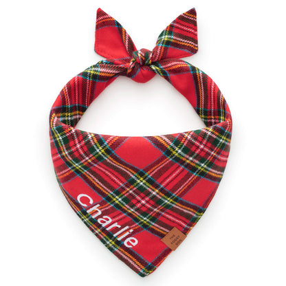 Red Tartan Plaid Flannel Dog Bandana, Tie-On Triangle Shape