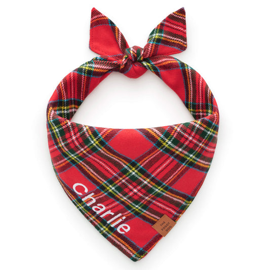 Red Tartan Plaid Flannel Dog Bandana, Tie-On Triangle Shape