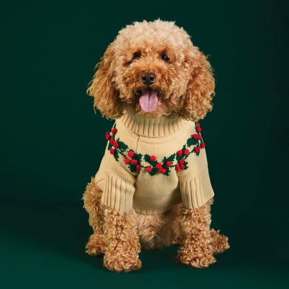 Cream Holly Berry Knit Turtleneck Dog Sweater with Leash Opening