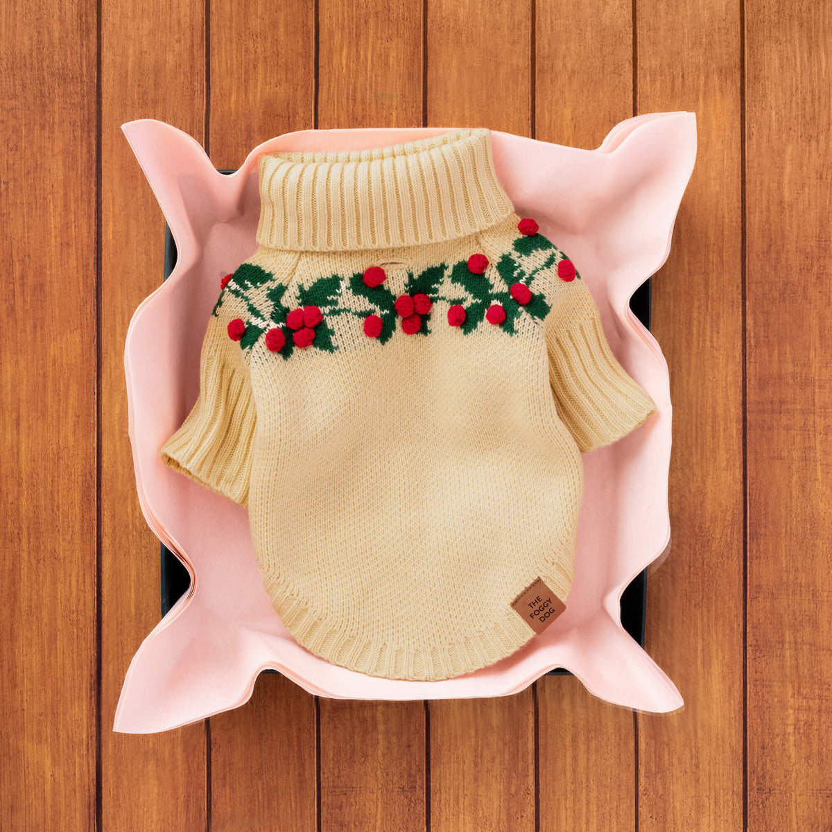Cream Holly Berry Knit Turtleneck Dog Sweater with Leash Opening