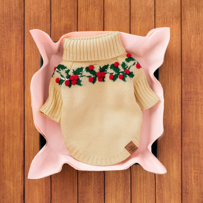 Cream Holly Berry Knit Turtleneck Dog Sweater with Leash Opening