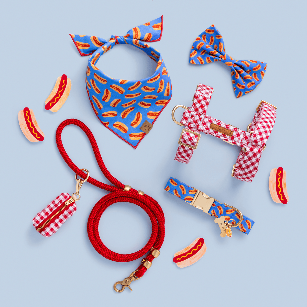 Blue Hot Dog Print Dog Bandana with Red Merrow Hem