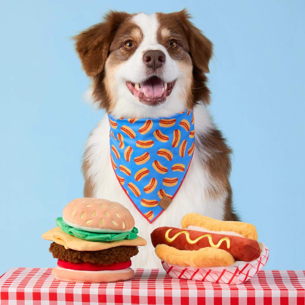 Blue Hot Dog Print Dog Bandana with Red Merrow Hem