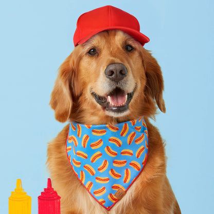 Blue Hot Dog Print Dog Bandana with Red Merrow Hem