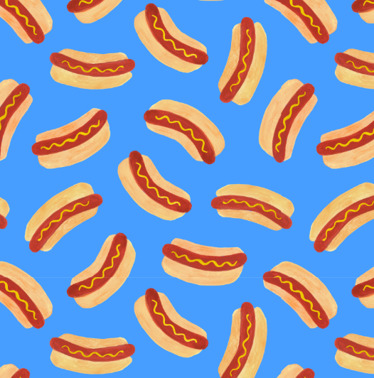 Blue Hot Dog Print Dog Bandana with Red Merrow Hem