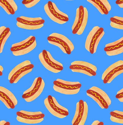 Blue Hot Dog Print Dog Bandana with Red Merrow Hem