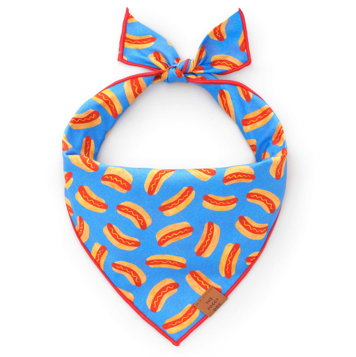 Blue Hot Dog Print Dog Bandana with Red Merrow Hem