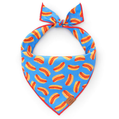 Blue Hot Dog Print Dog Bandana with Red Merrow Hem