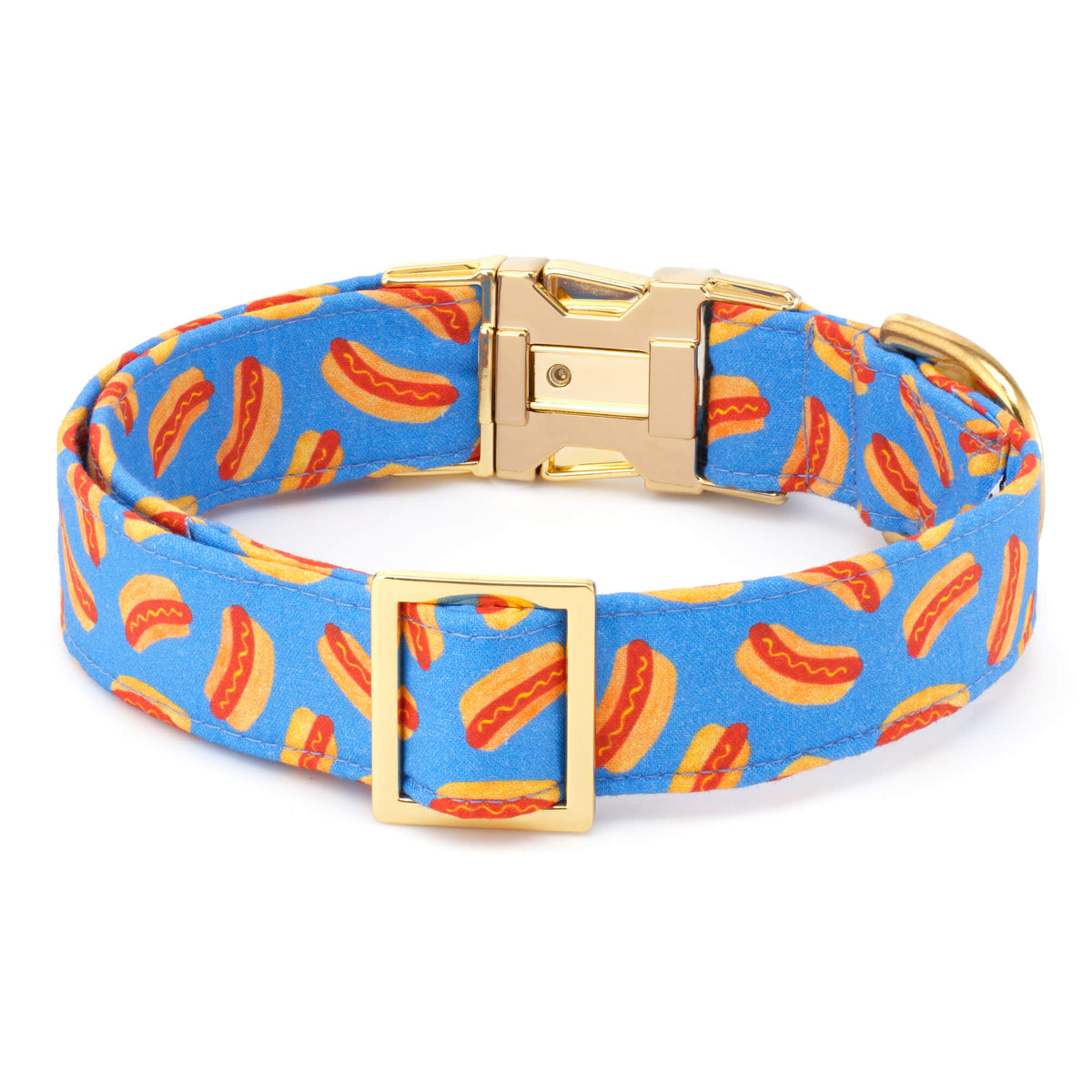 Blue Hot Dog Print Cotton Dog Collar with Brass D-Ring