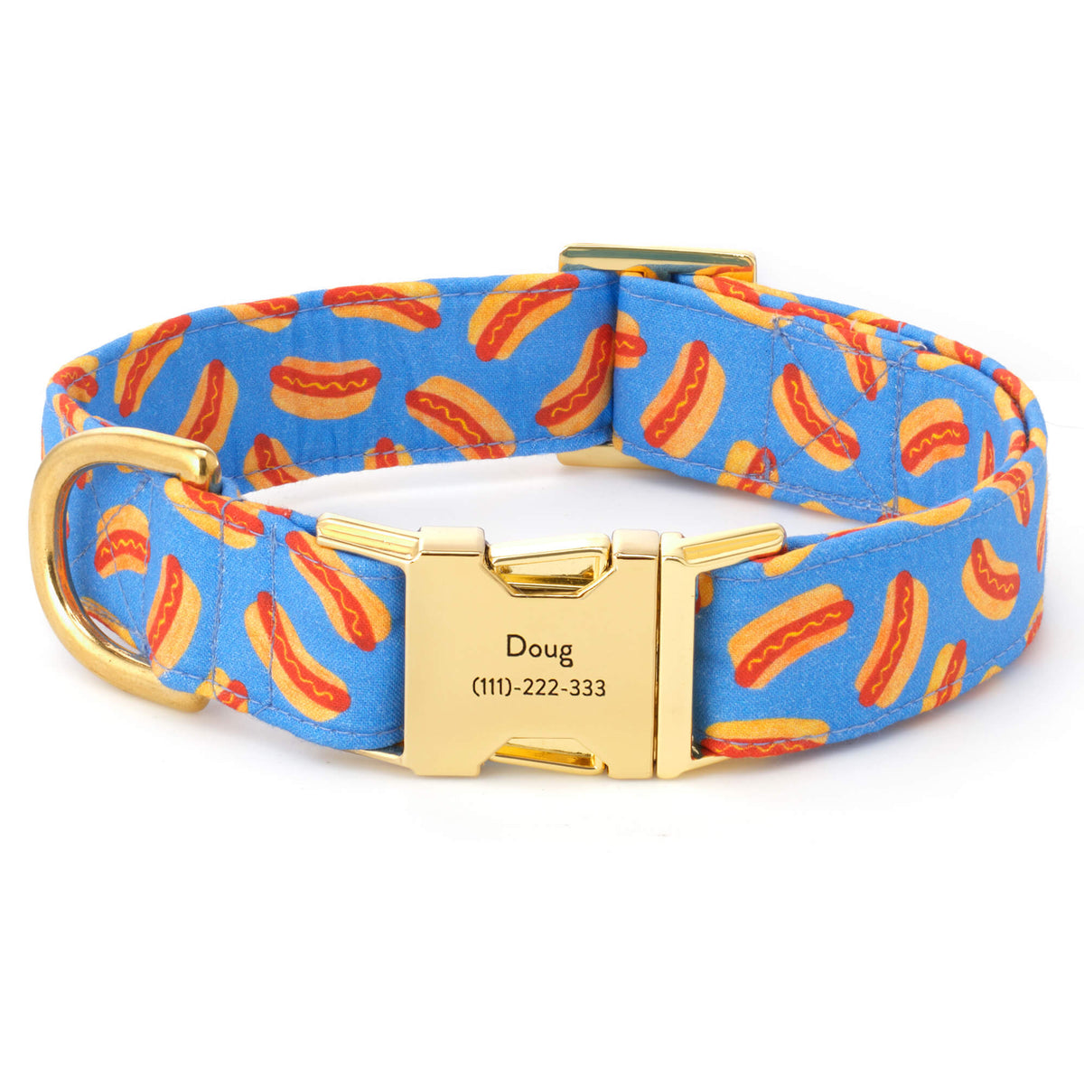 Blue Hot Dog Print Cotton Dog Collar with Brass D-Ring