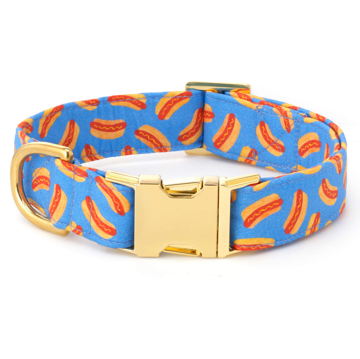 Blue Hot Dog Print Cotton Dog Collar with Brass D-Ring