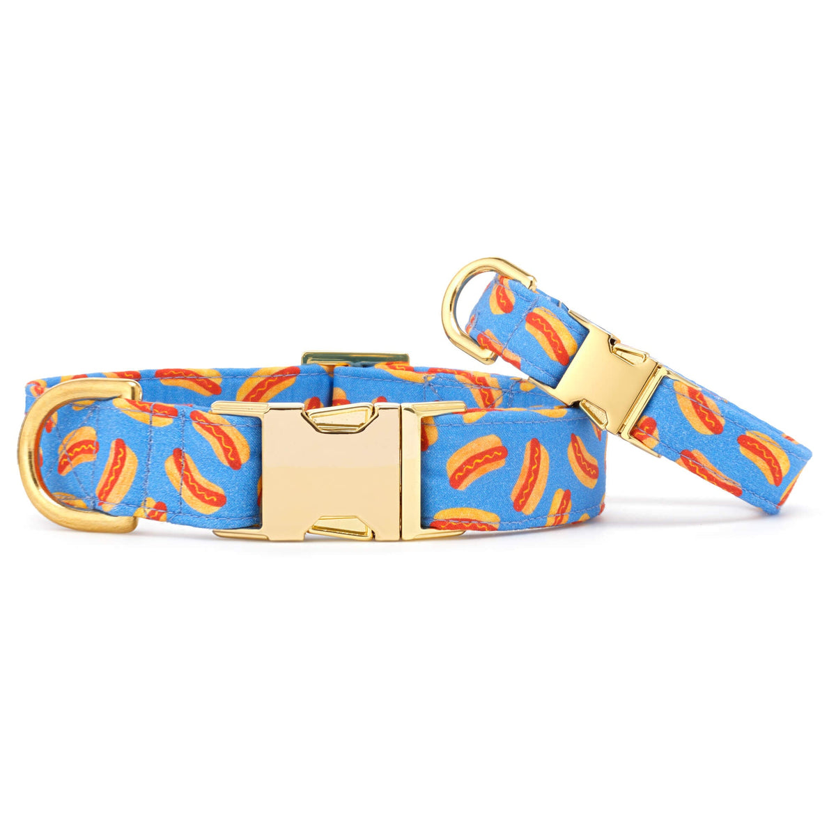 Blue Hot Dog Print Cotton Dog Collar with Brass D-Ring