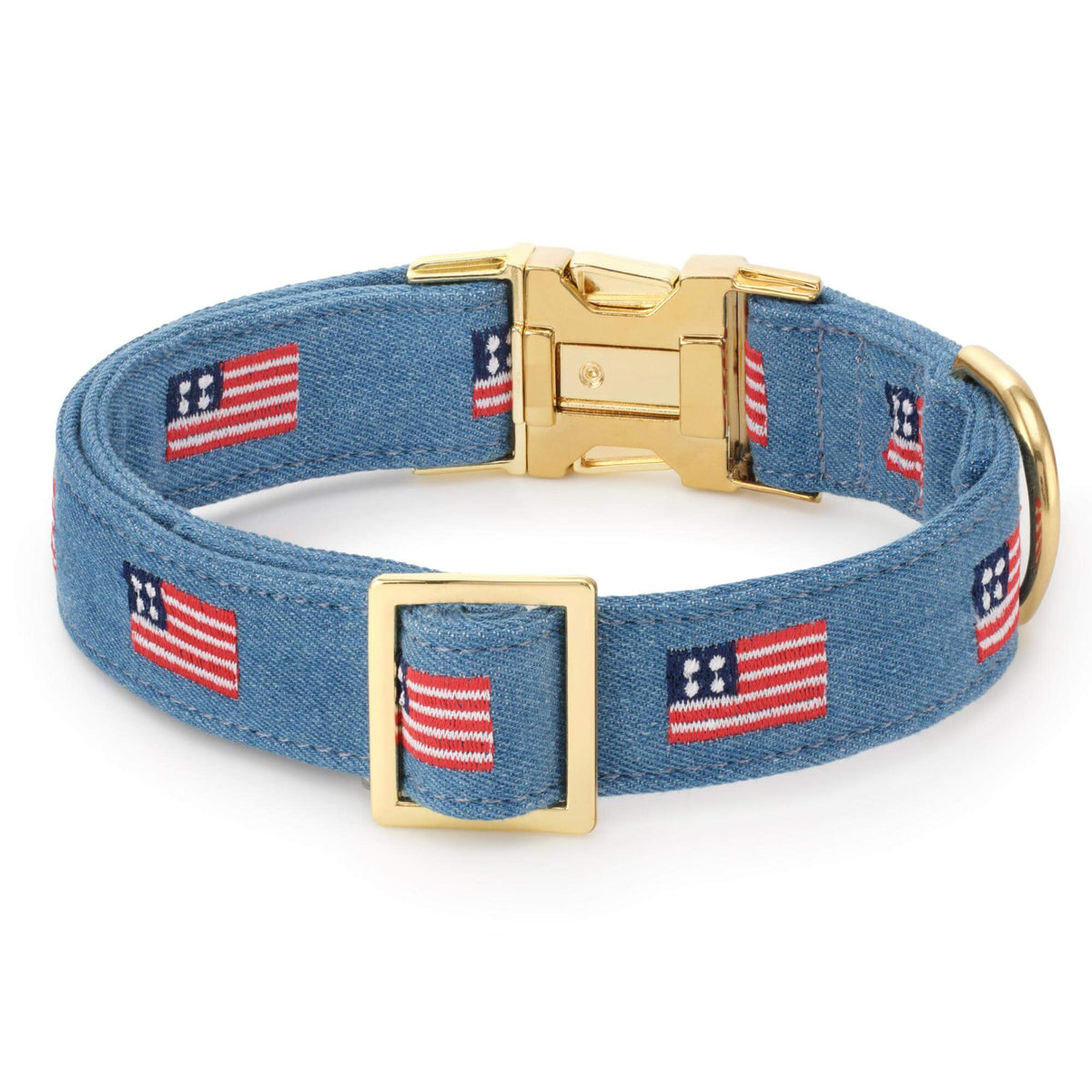 Denim Blue American Flag Embroidered Cotton Dog Collar