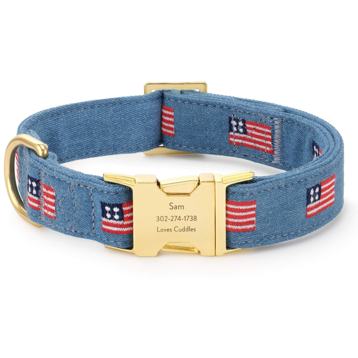 Denim Blue American Flag Embroidered Cotton Dog Collar