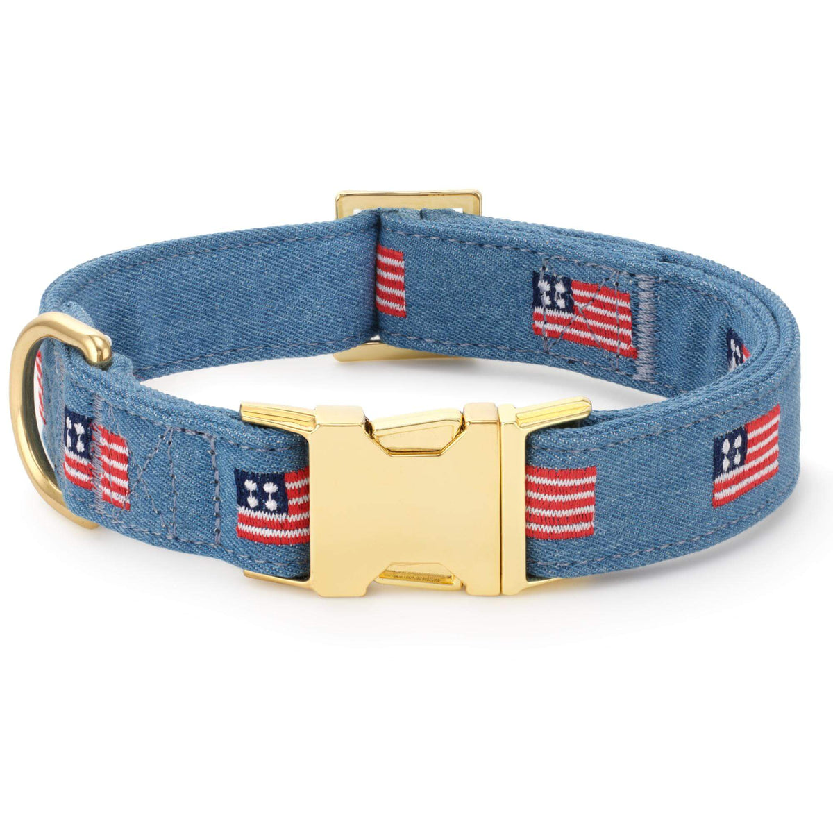 Denim Blue American Flag Embroidered Cotton Dog Collar