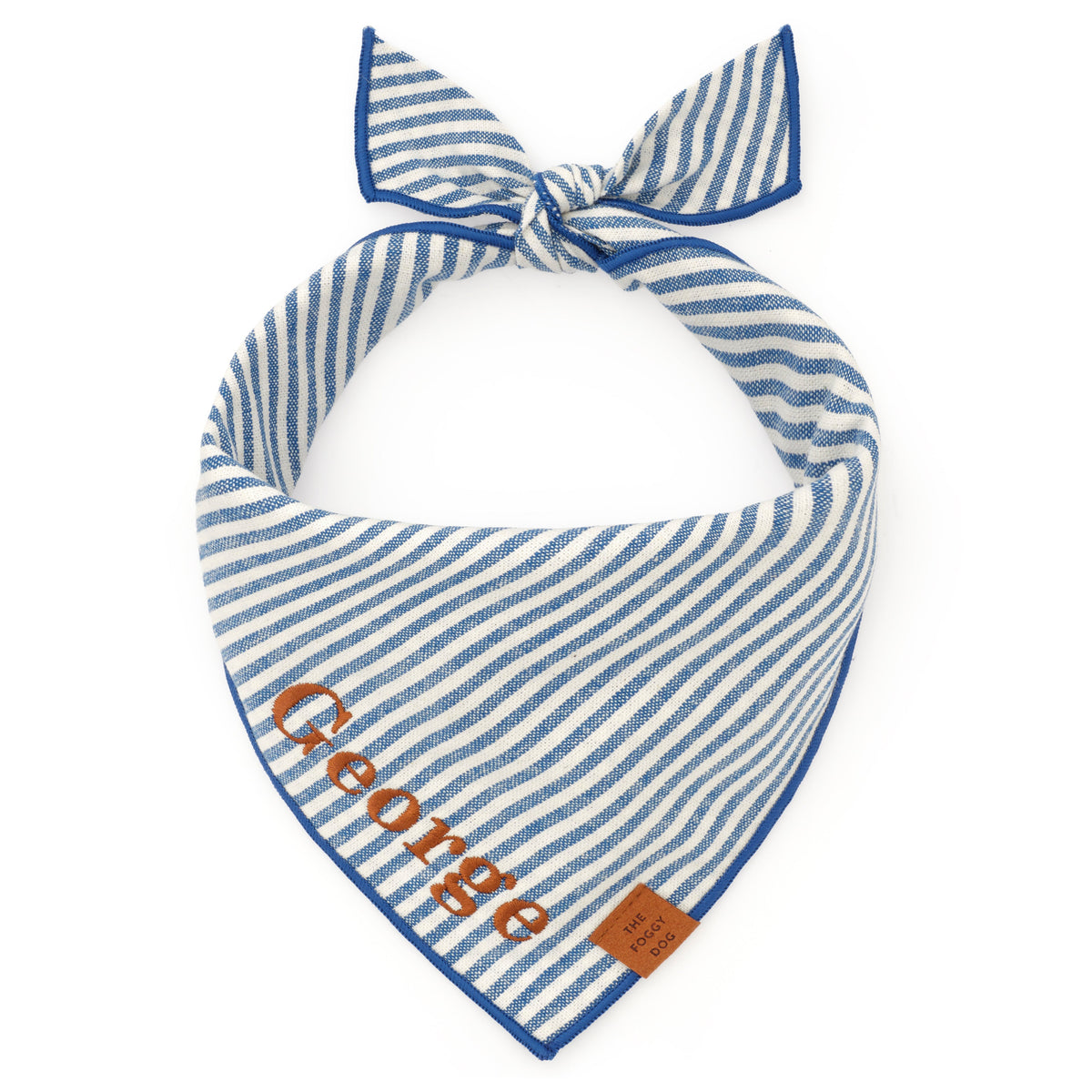 Blue & White Striped Cotton Dog Bandana with Royal Blue Hem