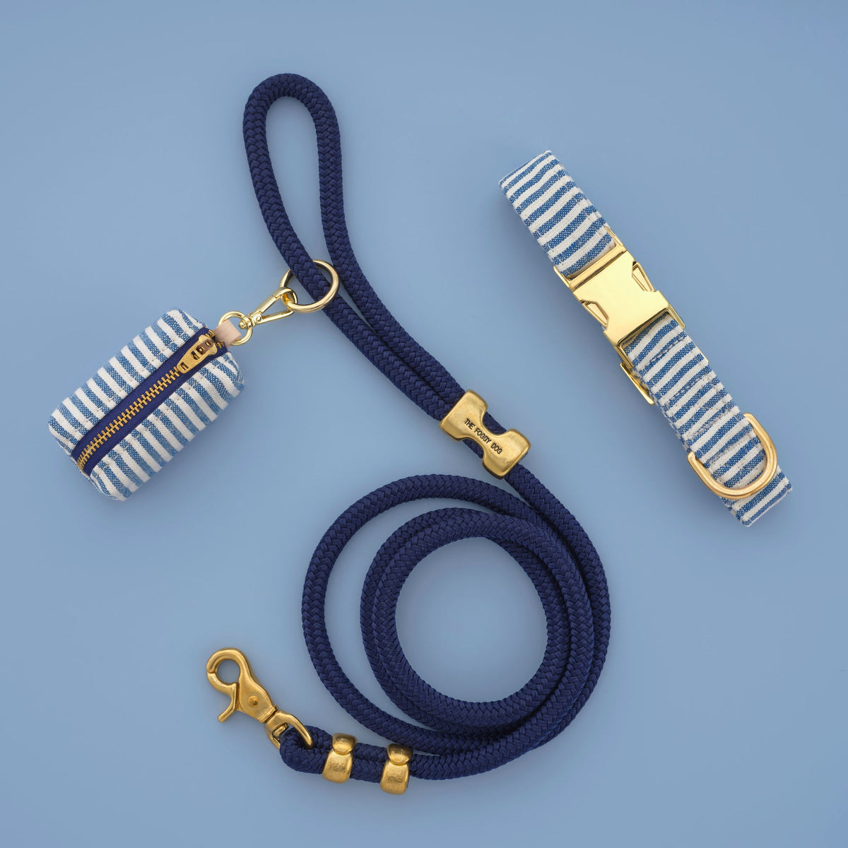 Blue Striped Cotton-Linen Dog Collar and Rope Leash Walk Set